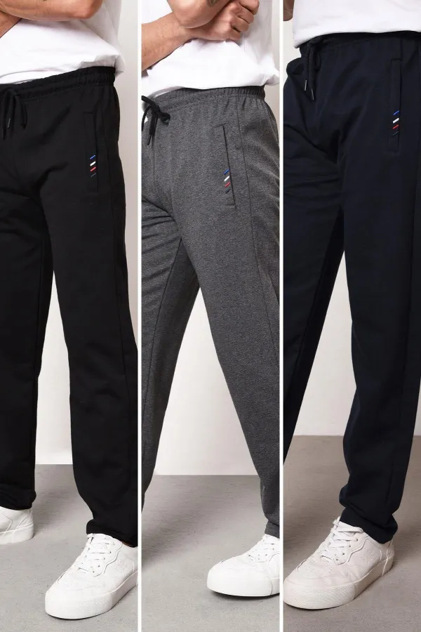 Black-Anthracite-Navy Blue Men's Zipper Pocket Embroidery Detailed Straight Leg Relaxed Cut 3-Pack Sweatpants