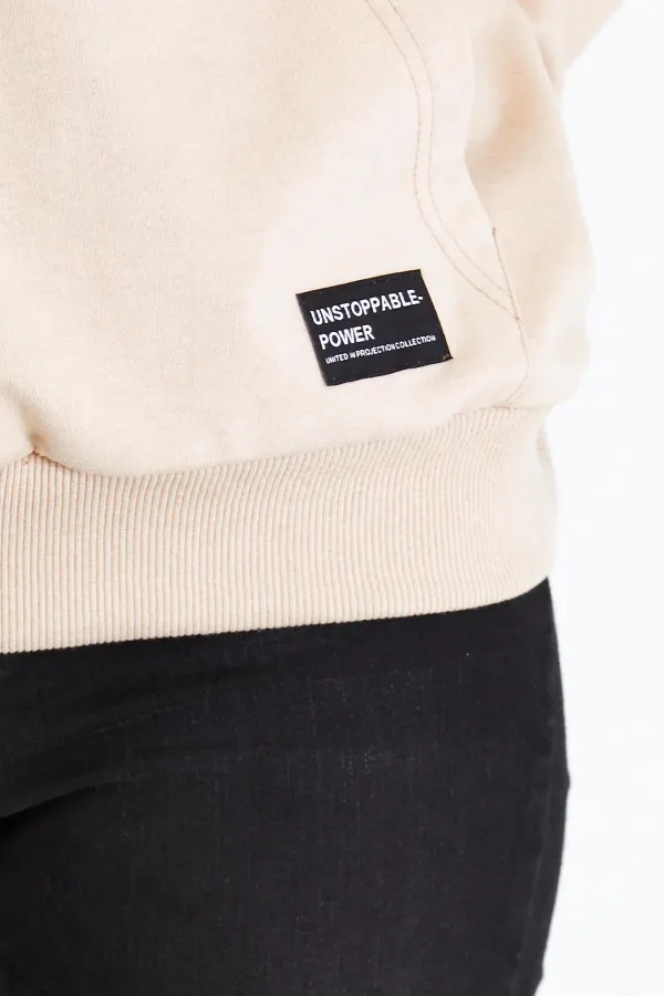 Metallic Women's Beige Hooded Basic Knitted Sweatshirt