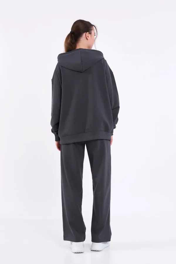 Ensemble de survêtement oversize à capuche pour femme, coupe classique anthracite, taille élastique, style saisonnier (haut et bas)