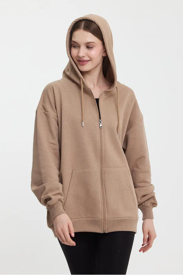 Kadın Kanguru Cepli Kapüşonlu Fermuarlı İçi Polarlı Hırka