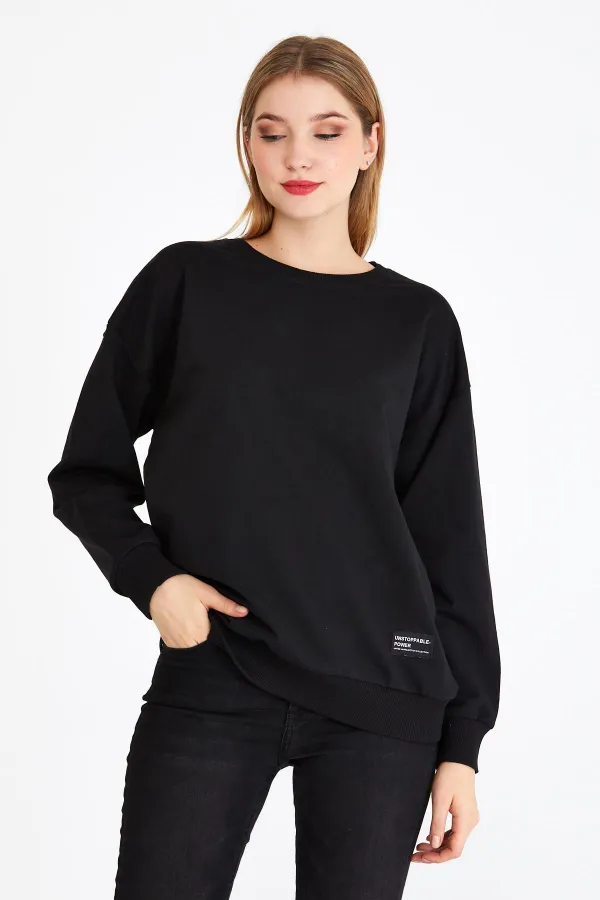 Women's Black Color Basic Crew Neck Sweatshirt