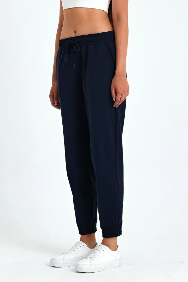 Kadın Siyah-Antrasit Pamuklu Kalın Paçası Lastikli Yüksek Bel Rahat Jogger 2'li Eşofman Altı MTLCB95-2