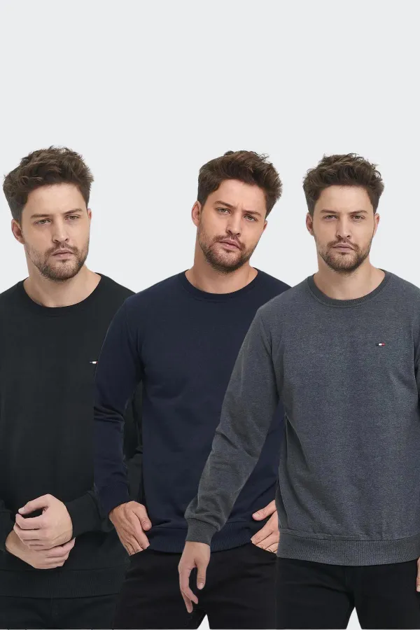 Erkek Siyah-Lacivert-Antrasit Bisiklet Yaka Nakış Detaylı Regular Fit 3'Lü Sweatshirt MMTLCE70-3