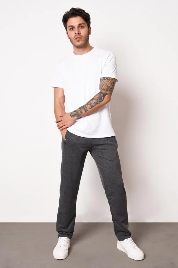 Erkek Gri Fermuar Cep Nakış Detaylı Düz Paça Rahat Kesim Eşofman Altı