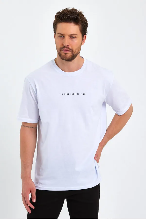 Erkek Beyaz Baskılı Basic Oversize Bisiklet Yaka Kısa Kollu T-shirt