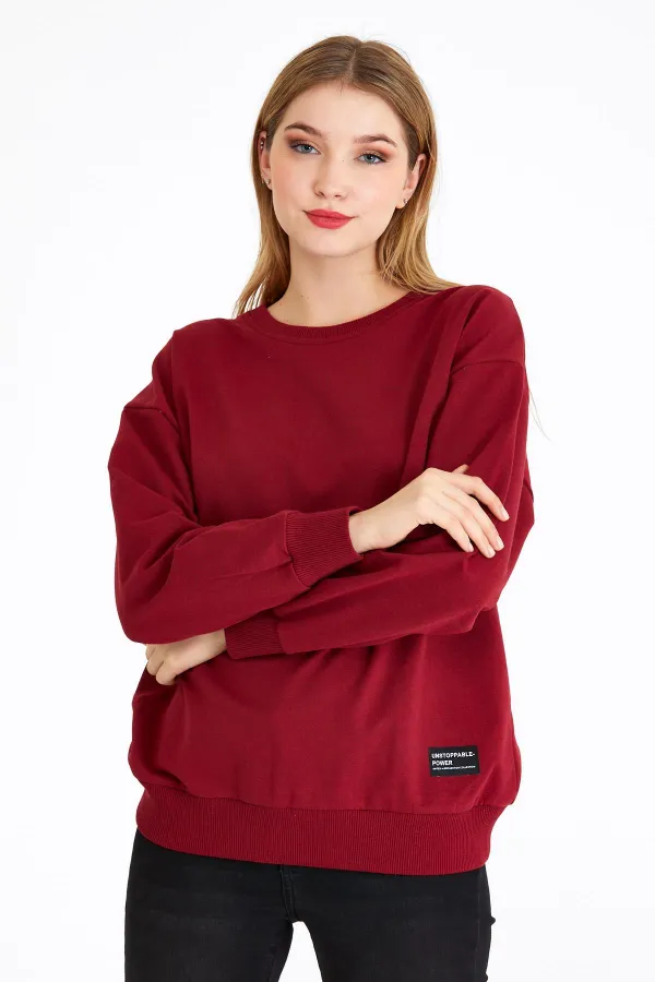 Women's Burgundy Color Basic Crew Neck Sweatshirt