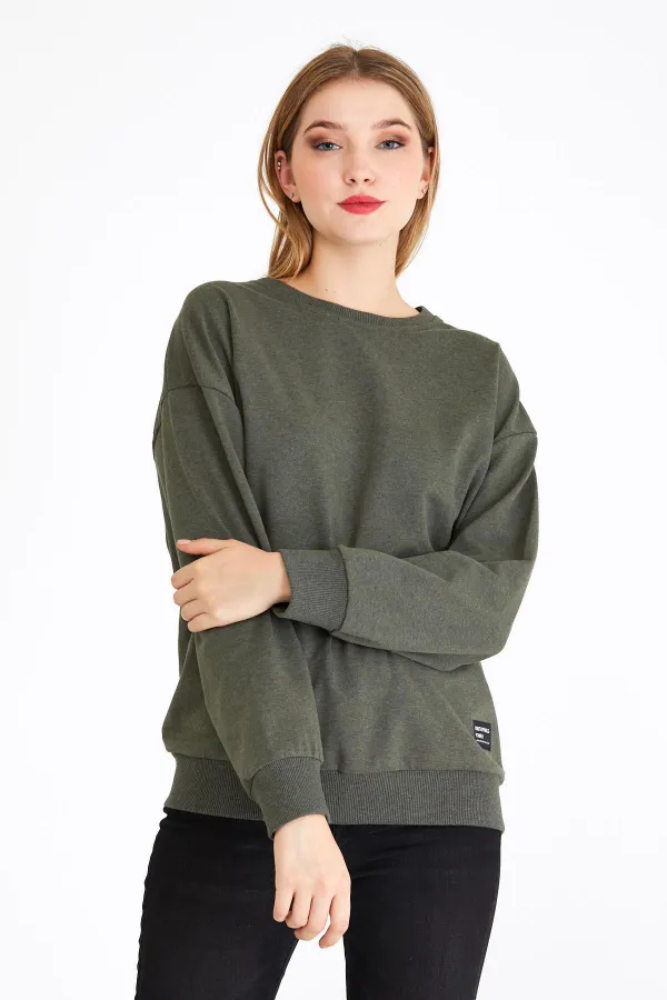 Women's Khaki Color Basic Crew Neck Sweatshirt