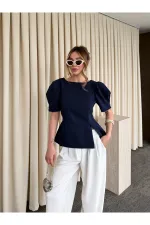 Lacivert Kolu İnci Fiyonk Detaylı Bluz - 5001