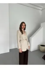 Bej %100 Pamuk İp Kemerli Ceket