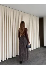 Kahverengi Beli Lastikli Kemerli Baskılı Etek - 3374