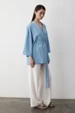 Mavi Yarım Kol İçten Kemerli Kimono - 5383