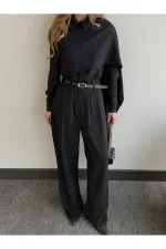 Siyah Kemerli Şal Yaka Gömlek Pantolon Takım - 8004