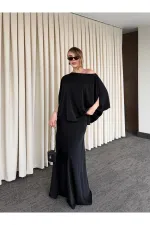 Siyah Omuz Drapeli Saten Bluz Etek Takım - 8005