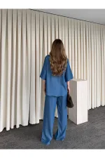 Mavi Tensel Kumaş Gömlek Pantolon Takım - 0926