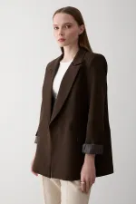 Brown Striped Lined Blazer Jacket with Fold-Up Sleeves - 7560 Brown Striped Lined Blazer Jacket with Fold-Up Sleeves - 7560