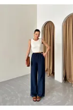 Pantalon bleu marine en coton et lin avec taille élastiquée