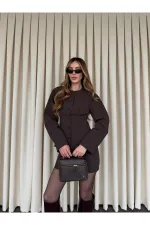 Kahverengi Düğmeli Pileli Ceket Etek Takım - 30422