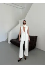 White Eliana Belted Vest and Trousers Set - 2786