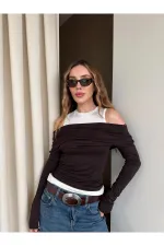 Brown and White Boat Neck Blouse with Tank Top - 0780 Brown and White Boat Neck Blouse with Tank Top - 0780