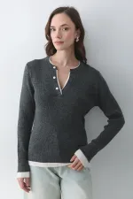 Antrasit - Krem 2 Patlı Düğmeli Kazak - 251023