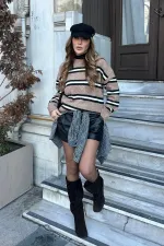 Pull en maille oversize à rayures marron - 2516