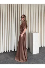 Kahverengi Saten Yırtmaçlı Elbise - 2026