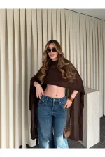 Kahverengi Muadil Tasarım Triko Pelerin Şal - 5241