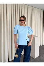 Mavi Kolu İnci Fiyonk Detaylı Bluz - 5001