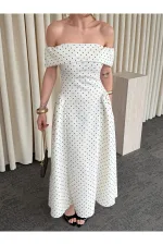 Ekru Madonna Yaka Puantiyeli Midi Elbise - 00888