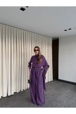 Purple Belted Shawl Collar Shirt and Trousers Set - 8004