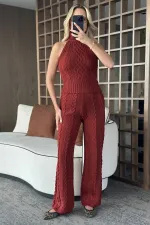 Ensemble chemisier sans manches et pantalon bordeaux - 3009