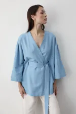 Mavi Yarım Kol İçten Kemerli Kimono - 5383