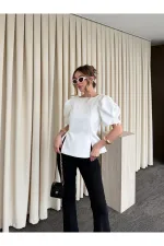 Off-White Blouse with Pearl Bow Detail on Sleeves - 5001