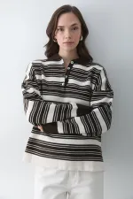 Koyu Kahve - Krem İki Renkli Çizgili Kazak - 251140