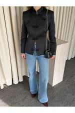 Siyah Tasarım Düğmeli Parlak Kumaş Military Ceket - 1411