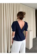 Lacivert Kolu İnci Fiyonk Detaylı Bluz - 5001