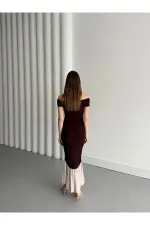 Kahverengi Kayık Yaka Fırfırlı Elbise - 4798