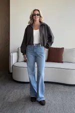 Koyu Kahverengi Crop Bomber Ceket