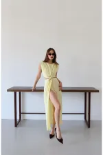 Sarı Önden Tokalı Yan Dekolteli Elbise