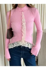 Pembe Dantel Detaylı Tasarım Hırka - TH261017