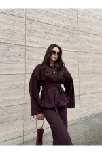 Mürdüm Bağlamalı Denim Ceket Pantolon Takım