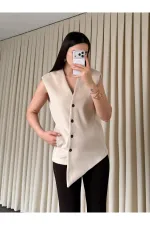 Bej Venedik Çapraz Düğmeli Yelek