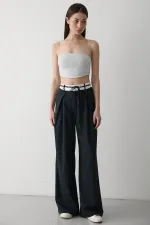 Pantalon de créateur bleu marine avec ceinture à cordon - 3576