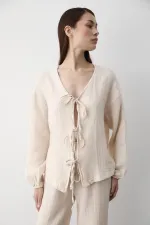 Ensemble chemisier et pantalon beige 100 % coton à nouer