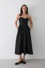 Siyah Bel Detaylı Poplin Elbise - 2001