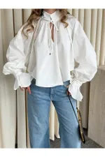 Beyaz Yakası Bağlamalı Kolları Tasarım Gömlek - 112254