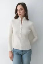 Krem Çıtçıtlı Boğazlı Kazak - 251037