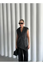 Antrasit Venedik Çapraz Düğmeli Yelek