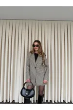 Beige Gingham Jacket and Skirt Set - 4093