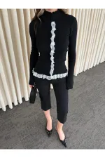 Siyah Dik Yaka Dantel Detaylı Hırka - 2726